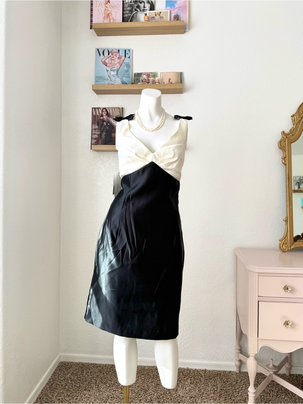NWT Vintage Scott McClintock Black & White Bow Detail Satin Dress - Size 10